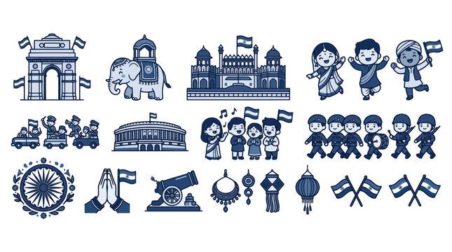 India Independence Day Icons: Monuments, People, Symbols, Festive Elements