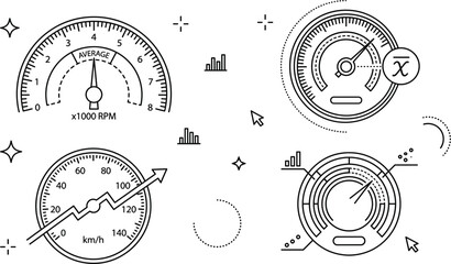 Naklejka premium Automotive Speedometer and Tachometer Gauge Icon Set with Data Analytics Symbols for Websites,