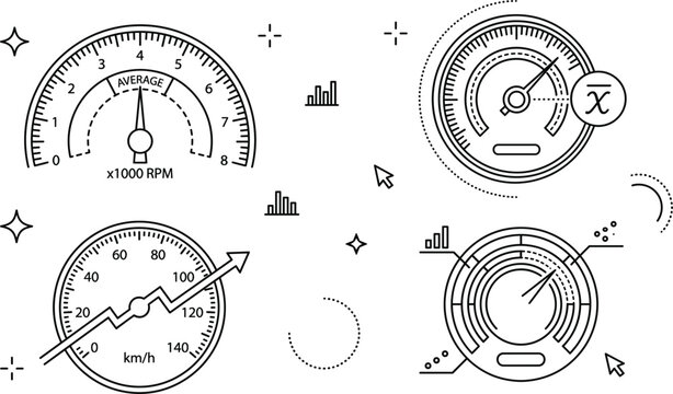 Automotive Speedometer and Tachometer Gauge Icon Set with Data Analytics Symbols for Websites,