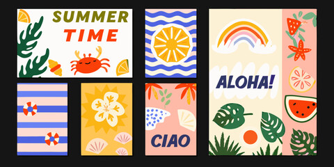 Tropical floral and fruit vector illustrations with text vibrant summer themed designs orange slice crab © RanjanKumar