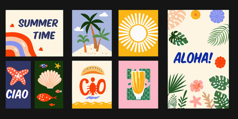 Tropical floral ornament and beach scene vector illustrations with vibrant colors and text elements illustration © RanjanKumar