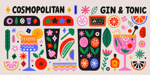 Cocktail and gin tonic themed floral ornament a colorful vector illustration cosmopolitan beverage drinks mixology © RanjanKumar