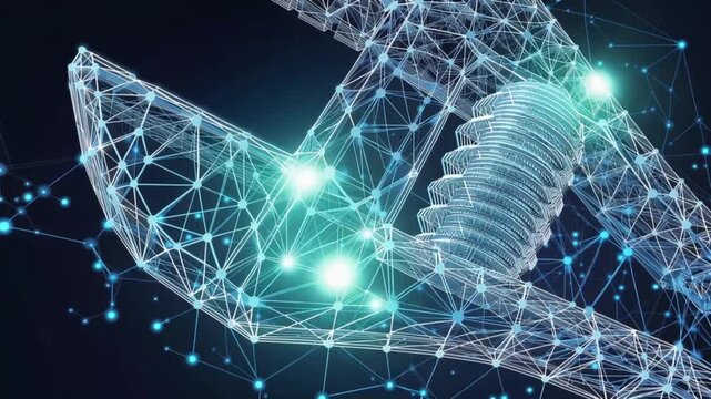 A digital schematic of a wrench and bolt, illuminated by glowing nodes and connecting lines. ..Created with Generative AI, not depicting real subjects.