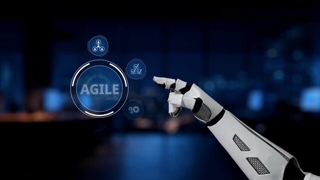 A robotic hand points at a digital agile interface, symbolizing advanced technology and innovative business solutions in a futuristic setting. Synapse