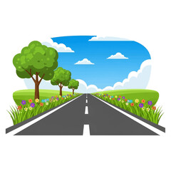 Fototapeta premium Straight asphalt road leading through green fields with trees and flowers under a blue sky vector illustration.
