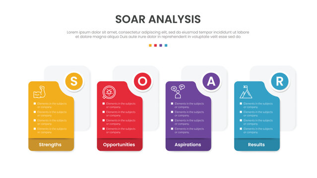 SOAR framework analysis infographic template banner with folder box container with double layer and circle badge for slide presentation