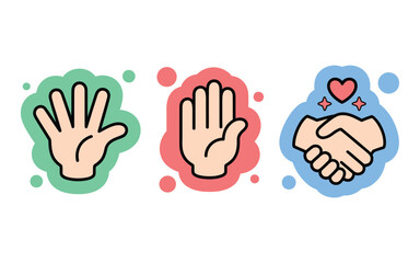 Fototapeta premium Hand Gesture Icon Collection, Waving High Five Handshake Colorful Symbols, Playful Doodle Style Communication And Friendship Elements For Social Media And Digital Designs.