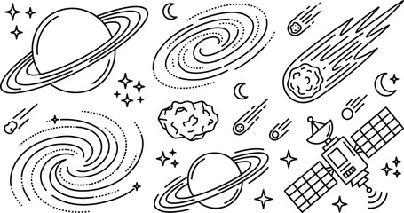 Outer Space Solar System Doodle Collection with Planets and Satellite Elements for Websites, © pappa
