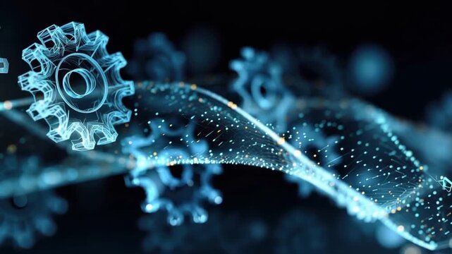 Futuristic glowing gears and abstract digital particles form a mesmerizing wave pattern against a dark, blurred background. ..Created with Generative AI, not depicting real subjects.