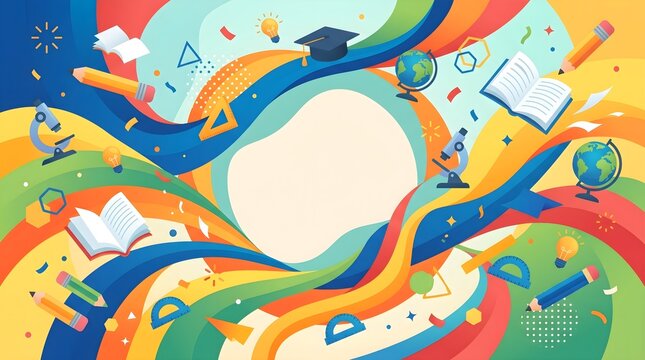 Creative Back to School Background with Flowing Colorful Elements and Learning Icons