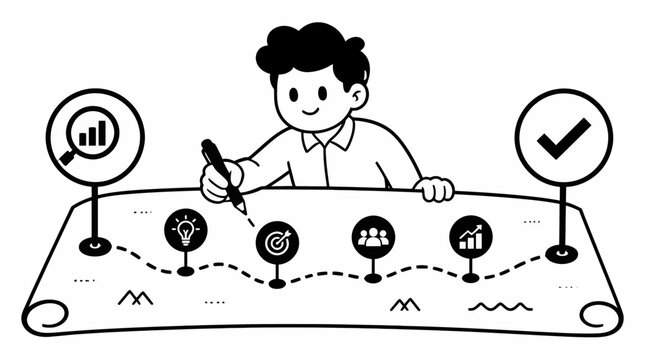 Person drawing a business strategy map with icons.