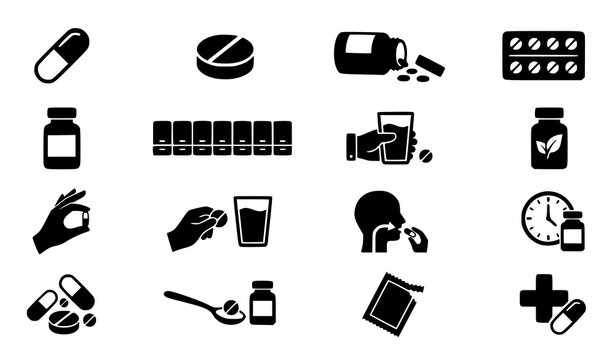 Pill Taking and Vitamin Intake Vector Icon Set for Healthcare and Wellness