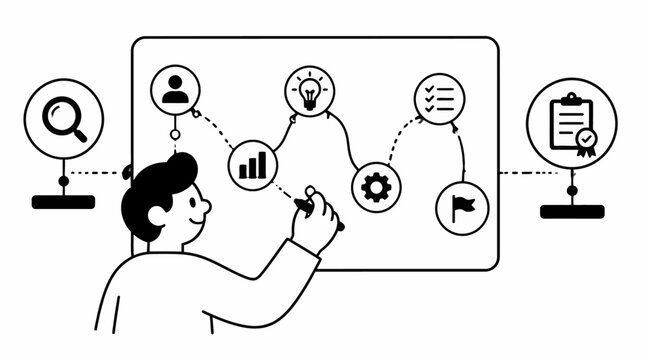 Business professional presenting strategy on whiteboard with icons.
