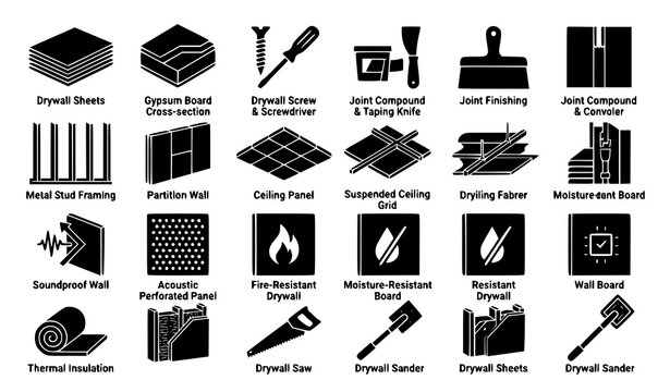 Drywall And Wallboard Material Glyph Icons Collection