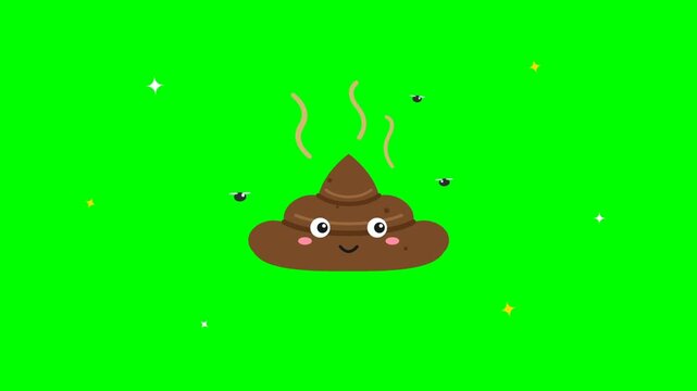 Cute Cartoon Poop Character with Flies on Green Screen Background