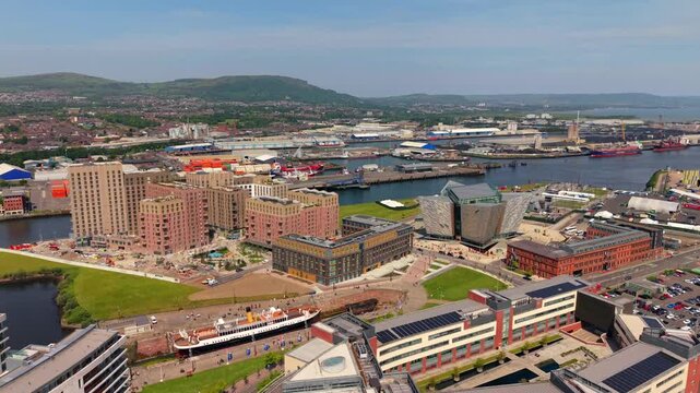 4K aerial video of the Loftlines Construction site in Belfast City Centre, Northern Ireland in the UK. Produced in 3840x2160 and with Rec709 color.