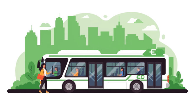 Flat vector illustration of a young woman boarding a modern green and white electric bus at a city stop with a skyscraper skyline background and passengers visible through windows.