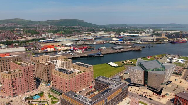 4K aerial video of the Loftlines development in Belfast City Centre, on a sunny summer day in County Antrim, Northern Ireland in the UK. Produced in 3840x2160 and with Rec709 color.