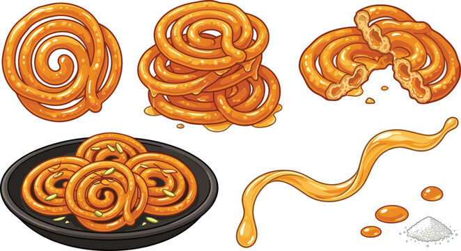 Traditional jalebi collection with crispy spiral Indian sweets syrup glaze and dessert vector illustration set
