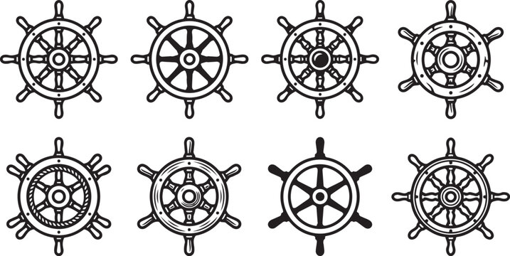 Vintage ship steering wheels set illustration