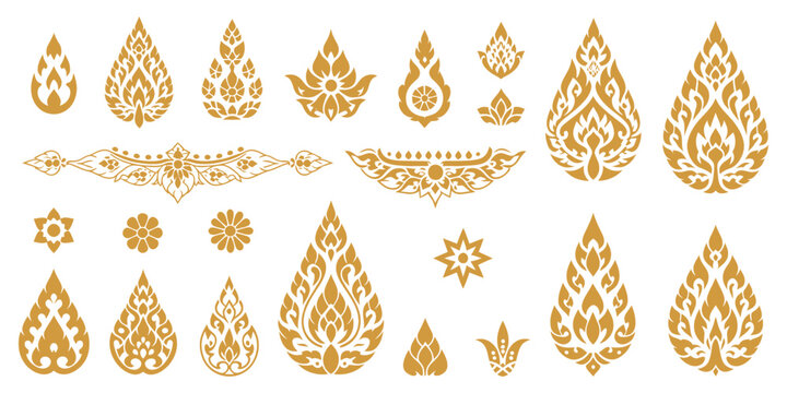 Thai decorative elements, golden lotus, Kanok patterns, flame motifs and floral ornaments for luxury cultural design artwork.