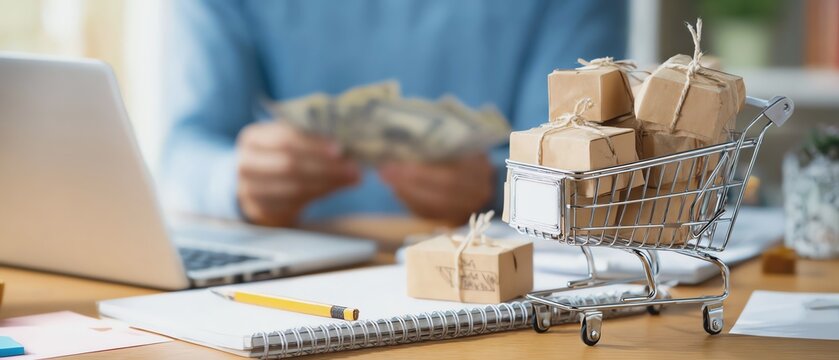 Shopping cart with packages and cash on table.