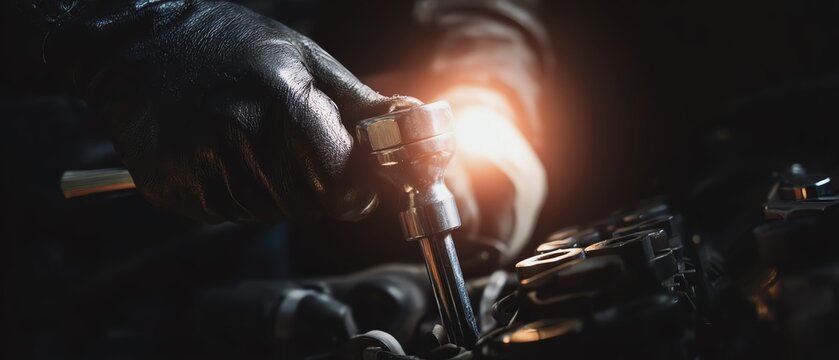 Tech worker using tools in dark workshop.