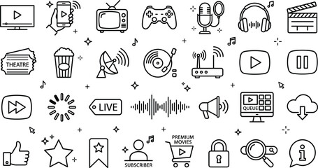Multimedia entertainment digital streaming and online video audio thin line icon set with gamepad microphone headphones television clapperboard © MD