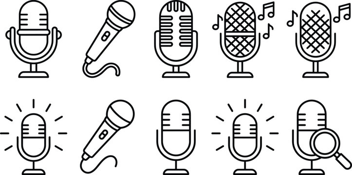 Microphone audio equipment and podcast broadcasting thin line icon set with vintage mic vocal singing music recording symbols