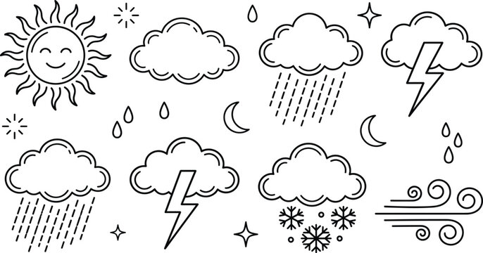 Meteorology weather forecast and climate condition thin line icon set with smiling sun rain clouds lightning storm snowflakes