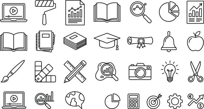 Online education school university learning business analytics and creative art design tools linear thin line icon vector set