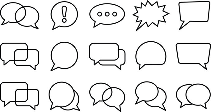 Speech bubble chat message and online forum dialog thin line icon set with cartoon text cloud comment symbols