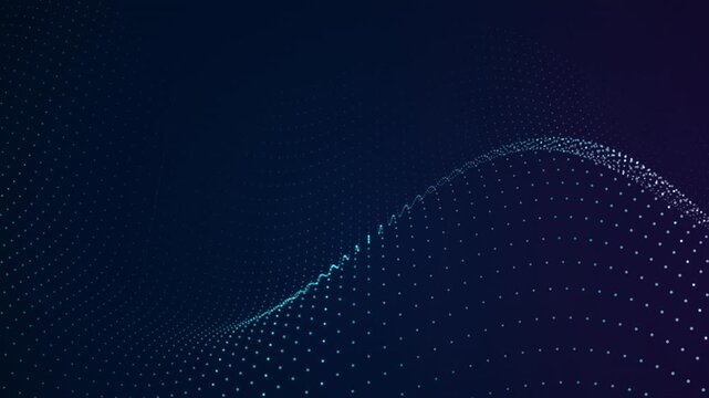 A stunning abstract pattern of glowing dotted lines forming a dynamic wave motion against a deep dark gradient background, evoking a sense of modern technology, innovation, and digital