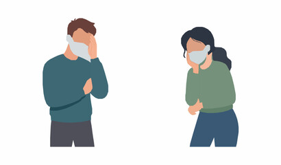 Fototapeta premium Tired Sick People Wearing Protective Face Masks Flat Vector Illustration