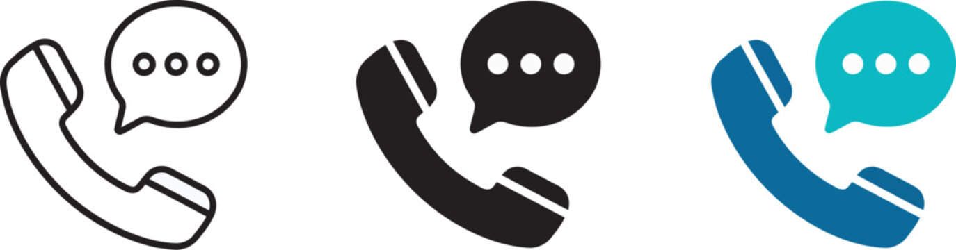 Set of telephone icons with speech bubbles in various colors, call center symbols, messaging and communication graphics, business contact icons, and digital application assets.