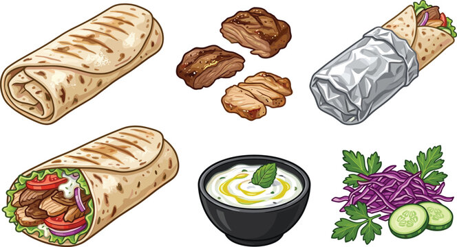 Chicken shawarma wrap collection with grilled meat vegetables garlic sauce and street food vector illustration