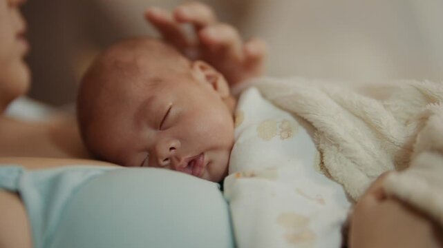 Peaceful Slumber: A tender moment captured as a newborn baby sleeps soundly on its mother's chest, swaddled in a soft blanket, a symbol of pure innocence and maternal love.