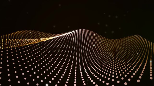 A vibrant and dynamic abstract digital visualization featuring flowing waves of dotted patterns in gold and dark shades illustrating data flow, technological innovation, and futuristic digital