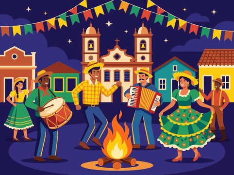 Festa Junina Brazilian Celebration Vector Illustration with People Dancing and Playing Music