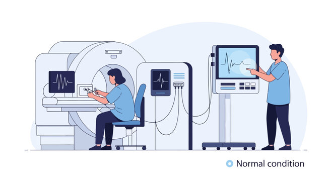 Medical scan, doctor and patient by MRI machine with ECG display