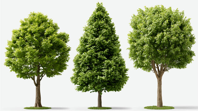 Collection of Three Different Green Trees with Detailed Foliage Isolated on Clean Background for Graphic and Illustration Use.