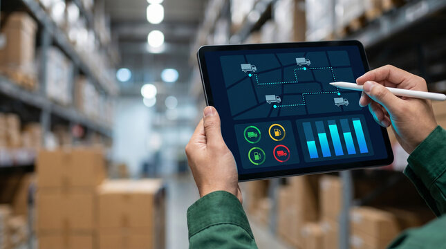 Warehouse worker using tablet tracking fleet delivery truck routes and fuel efficiency chart concept of logistics distribution transport planning and supply chain management