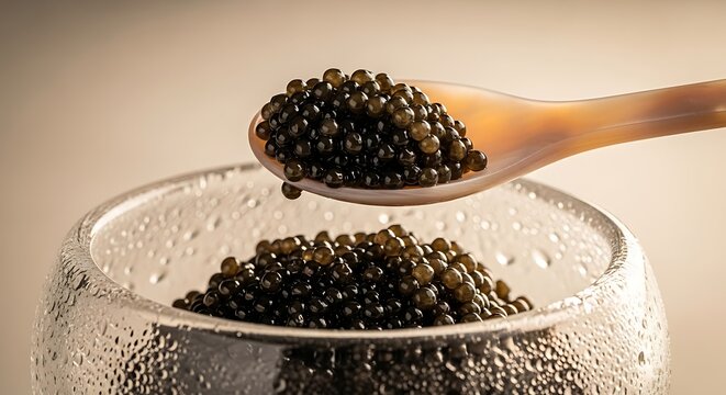 Black caviar presentation spoonful of luxury and bowl of premium fish eggs