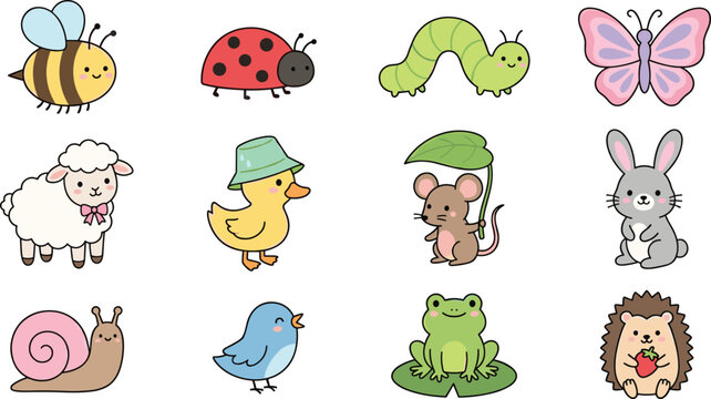 Cute cartoon animal and insect collection with adorable woodland creatures bugs and nature characters vector set