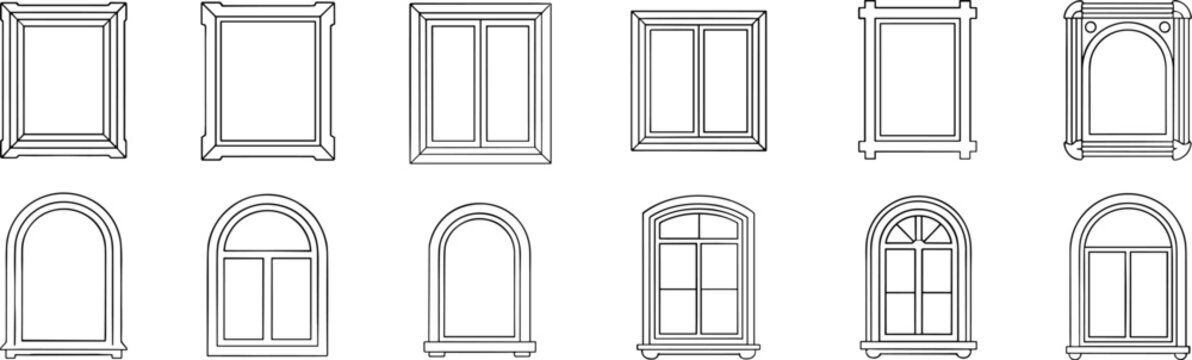 Outline drawings of various window frames and styles