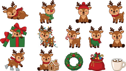 Cute Christmas reindeer collection with festive holiday characters gifts wreath cocoa and winter vector illustration © Prodip