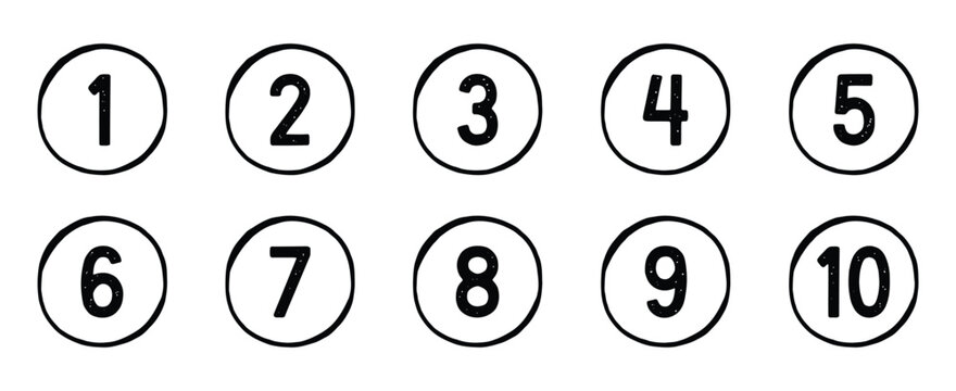 Bullet points icons, round numbered symbols from 1 to 10 in line and flat style for apps, websites and interfaces.