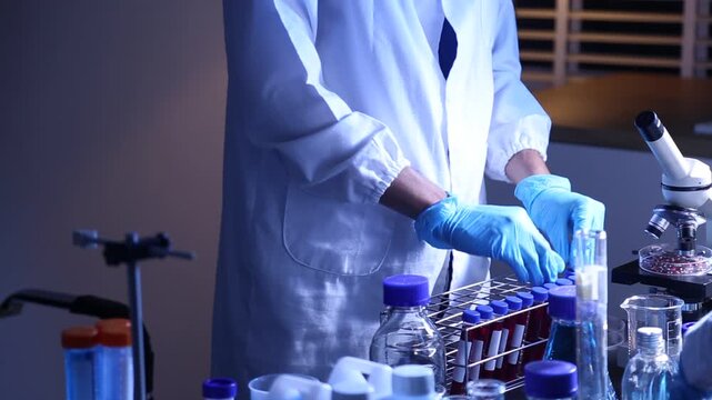 Female researcher's hands mixing solution through pipette at chemistry lab