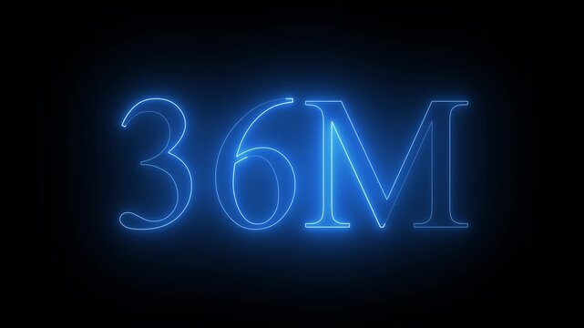 Glowing blue neon sign 36 million milestone symbol number text typography black background number text typography 4k video