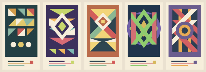 Fototapeta premium Set of five abstract geometric art designs with colorful shapes and patterns